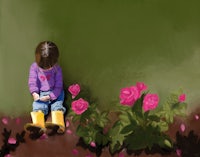 a painting of a little girl sitting in a garden with pink roses