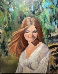 a painting of a woman with long hair in front of trees