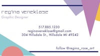 a colorful business card for regina vanklease