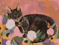 a painting of a cat laying in a field of flowers